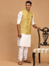 Vastramay Men's Yellow Jacquard Nehru Jacket with Kurta Pyjama Set